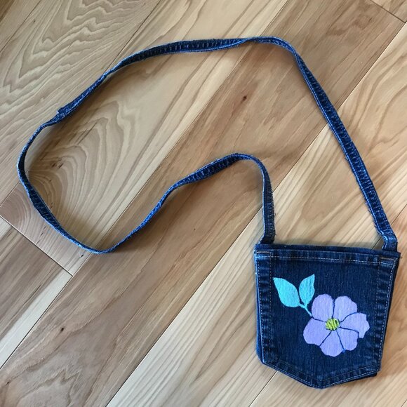Handmade Crossbody Bag: Over Shoulder Painted Pansy Cell Phone Small Denim Purse - Picture 7 of 9